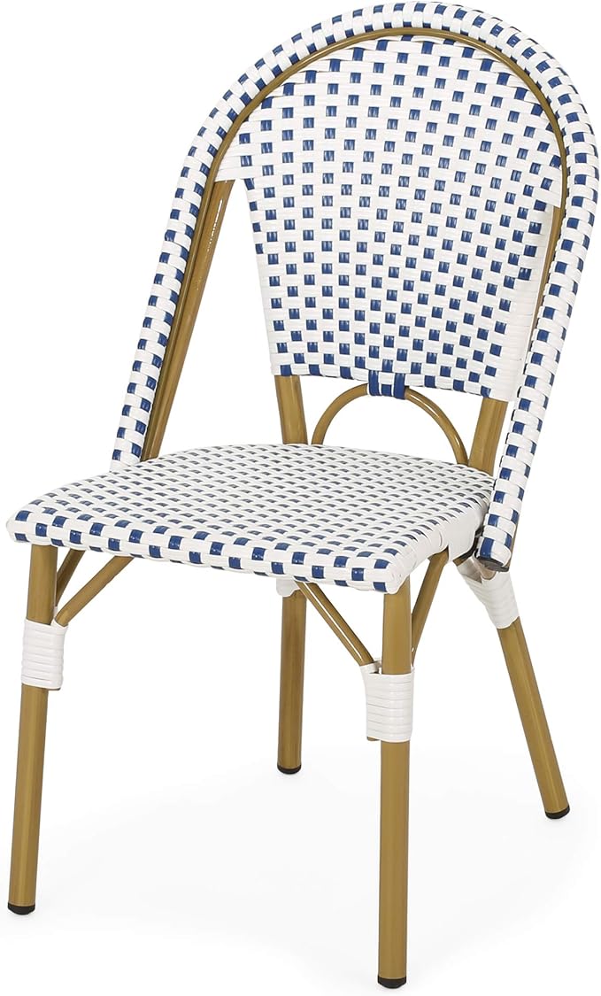 Christopher Knight Home Philomena Outdoor French Bistro Chair (Set of 2), Blue + White + Bamboo Print Finish