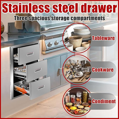 Outdoor Kitchen Triple Layer Drawer 17'' W x 30'' H x 21'' D Flush Mount BBQ Access Drawers Stainless Steel BBQ Island Drawers with Handle Suitable for Outdoor Kitchen Island Grill Station