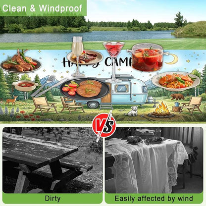 JAWO Happy Camper Picnic Table Cover with Bench Covers, Camper RV Essentials Gear Supplies Outdoor Waterproof Windproof Tablecloth with Elastic, 30X96in