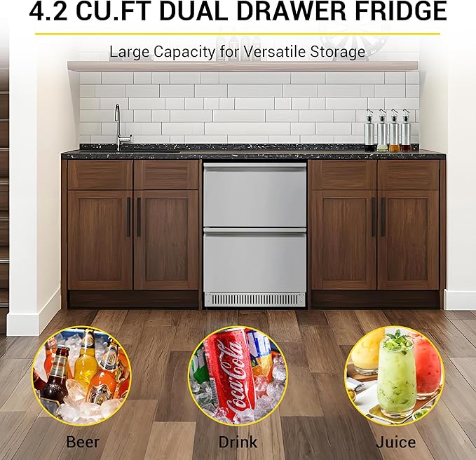 CT Copper Tailor 24 Inch Outdoor Dual Drawer Fridge,Stainless Steel Beverage Refrigerator,Freestanding or Built-In Installation,LED Touch Control,Fit for Home & Commercial Use.(4.2 Cu.Ft)