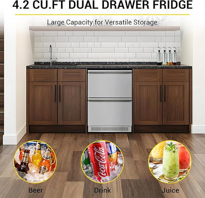 CT Copper Tailor 24 Inch Outdoor Dual Drawer Fridge,Stainless Steel Beverage Refrigerator,Freestanding or Built-In Installation,LED Touch Control,Fit for Home & Commercial Use.(4.2 Cu.Ft)