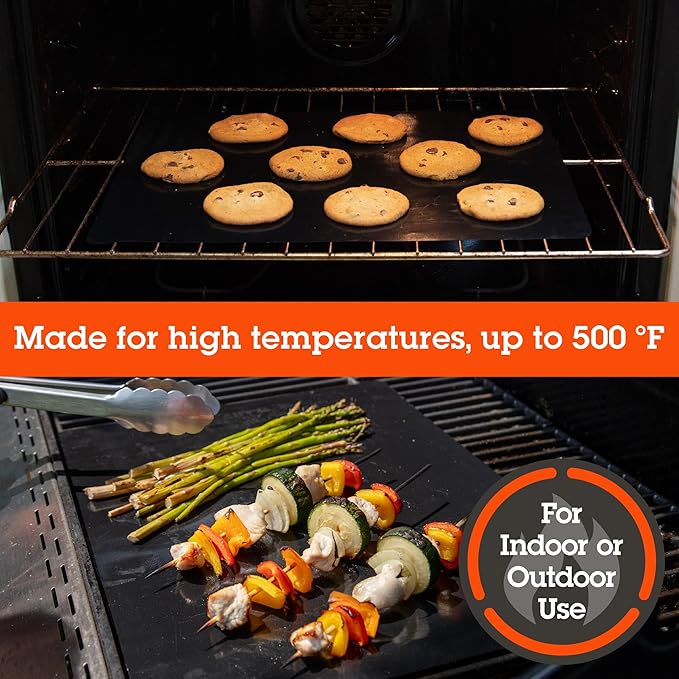 Grilling Sheet 2 Pack (13.25"x18") - Heavy Duty 100% Non-Stick Reusable BBQ Grilling Mat & Pan Liner - For Outdoor Barbecue Grill & Indoor Oven - Heat Safe up to 500° F - Grilling Gift for Fathers Day
