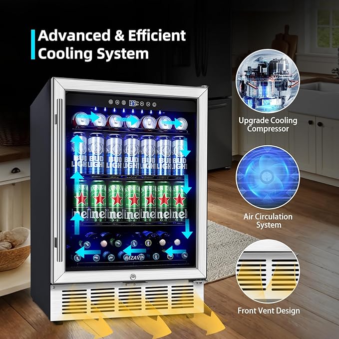 24 Inch Beverage Refrigerator, 180 Cans Built-in Beverage Cooler with Glass Door, Under Counter or Freestanding Drink Fridge with LED Light & Adjustable Shelves For Home Bar Office - Silver