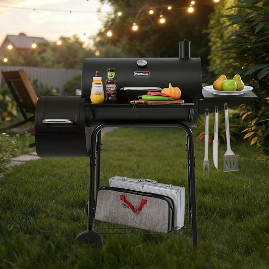 Royal Gourmet CC1624S Barrel Charcoal Grill with Offset Smoker, 552 Sq. In. Cooking Area, Steel Front Shelf, Steel Side Shelf with Hooks, Charcoal Grill for Outdoor Grilling, Black