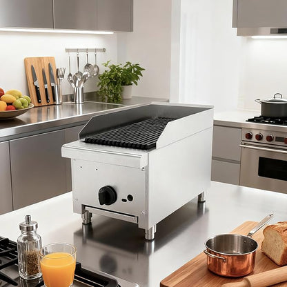 12" Commercial Propane Grill – 28,000 BTU 1-Burner Countertop Gas Grill with Cast Iron Grates & Lava Rocks, Convertible Between Propane & Natural Gas.Gas Charbroiler for Home & Commercial Kitchen.