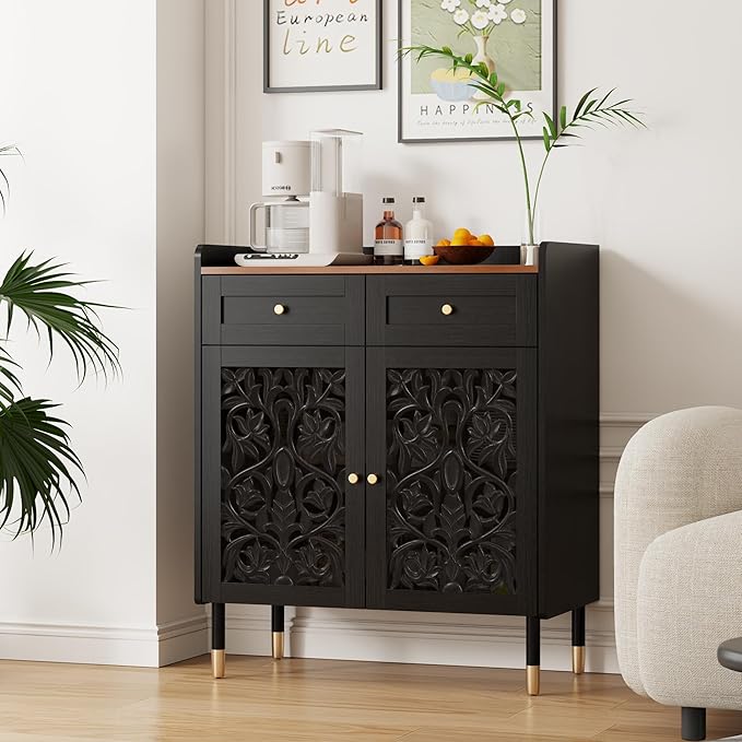 3More Sideboard Buffet Cabinet with Retro Carving Pattern Set of 2, Kitchen Pantry Storage Cabinet with 1 Drawer & 2 Doors, Coffee Bar for Living Room, Kitchen, Dining Room, Black