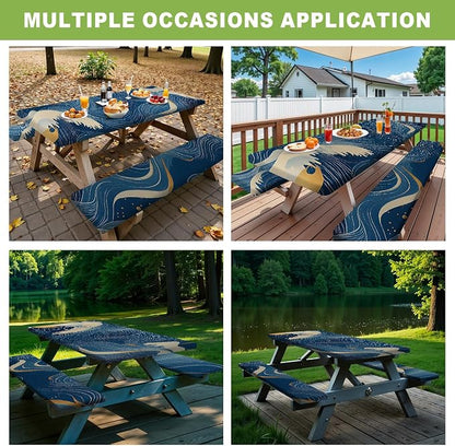 ANNA QUEEN Modern Abstract Art 6FT Picnic Table Cover with Bench Covers Set of 3 with Drawstring Bag, Blue Gold Lines 72"x30" Waterproof Picnic Tablecloth & Bench Covers for Patio Garden