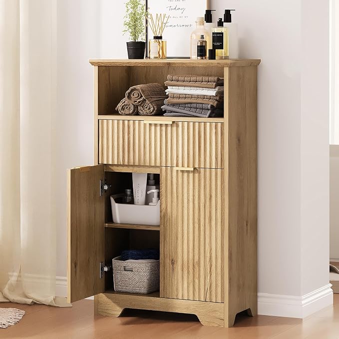 Fluted Buffet Cabinet with Storage, Modern Coffee Bar Cabinet | With Drawer & Adjustable Shelf, Wood Sideboard Cabinet for Kitchen, Bathroom, Entryway and Living Room Natural