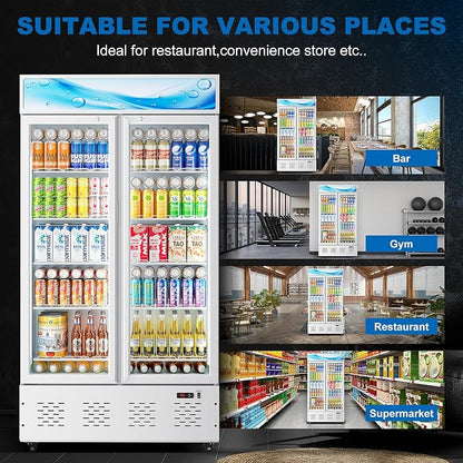 41.34'' W Commercial Beverage Refrigerators, 30 Cu.ft Glass Door Refrigerator Commercial with LED Light and 10 Shelves, Display Refrigerator for Restaurant Store Cafe Bar, White