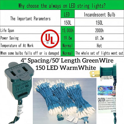 150 LED Warm White Christmas Lights, UL Certified 22# Green Wire 50 Ft, Commercial Grade Decorative Lighting String, for Indoor and Outdoor Use.
