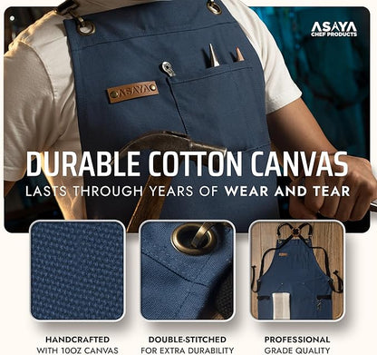 Asaya Chef and BBQ Apron with Bottle Opener and Hand Towel - 10oz Cotton Canvas, Stainless Steel Hardware - Cross Back Straps