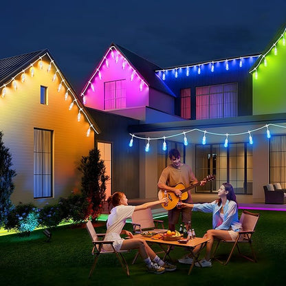 Larkvue 100FT(2x50FT) RGB Solar Outdoor String Lights with Remote, Dimmable Waterproof Patio Lights with 30 Bulbs for Porch Garden Bistro-White Cord