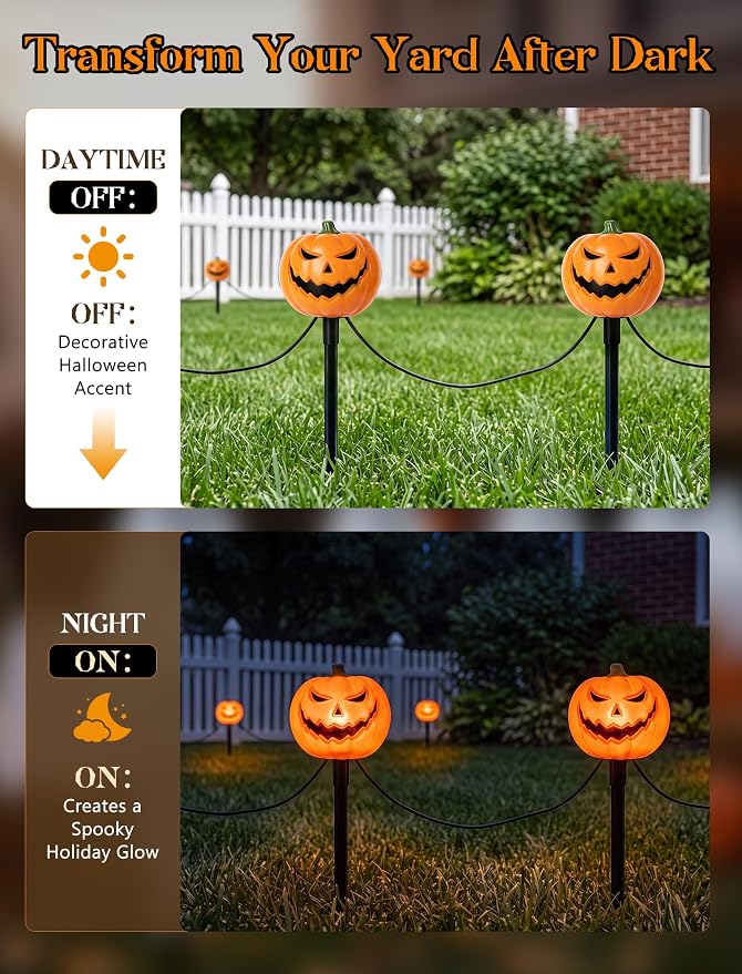 7FT Outdoor Halloween Pathway Lights, Set of 4 Smiley Pumpkin Stakes Lights | Waterproof, Connectable Halloween Pumpkin Sidewalk Lights Plug in for Garden Yard Lawn Walkway Driveway Halloween Decorations