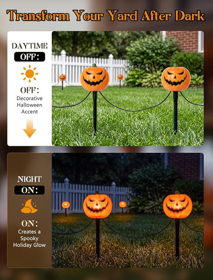 7FT Outdoor Halloween Pathway Lights, Set of 4 Smiley Pumpkin Stakes Lights | Waterproof, Connectable Halloween Pumpkin Sidewalk Lights Plug in for Garden Yard Lawn Walkway Driveway Halloween Decorations