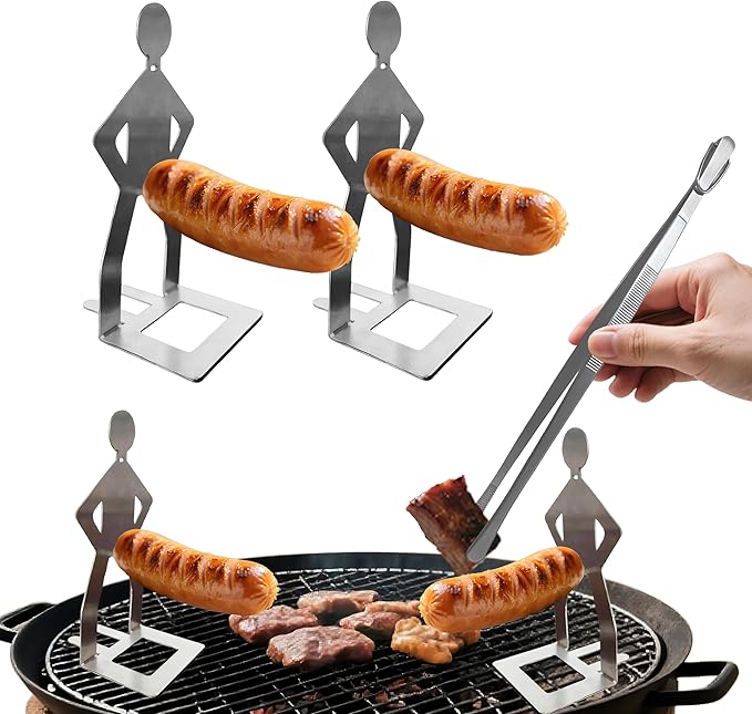 2 PCS Funny BBQ Stand Hot Dog Holder with Fine Long Rounded Tips Tweezer Tongs,Portable Hot Dog Roaster,Reusable Stainless Steel Cooking Kit for Kitchen,BBQ,Plating,Serving,Grill Accessories