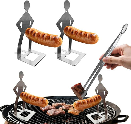 2 PCS Funny BBQ Stand Hot Dog Holder with Fine Long Rounded Tips Tweezer Tongs,Portable Hot Dog Roaster,Reusable Stainless Steel Cooking Kit for Kitchen,BBQ,Plating,Serving,Grill Accessories
