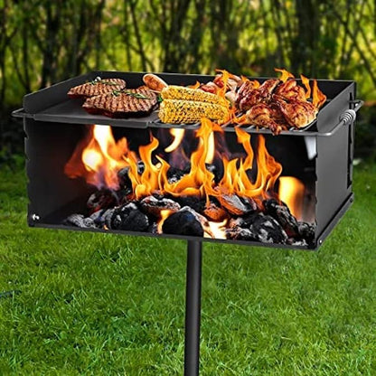Park Style Charcoal Grill With Grate, Single Post Carbon Steel 50 Inch Height Pole, Heavy Duty Outdoor Park Grill For BBQ, Camping, Backyard,25x17 Inch With Plate