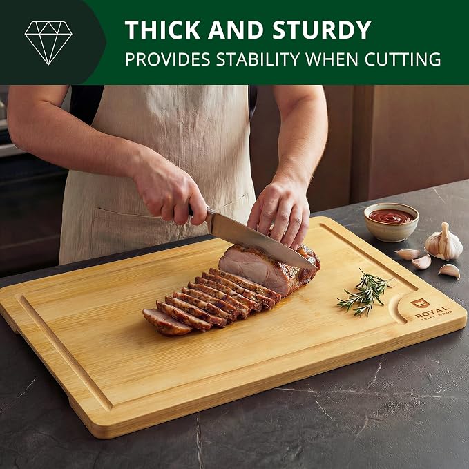 ROYAL CRAFT WOOD Bamboo Cutting Boards for Kitchen -Kitchen Chopping Board for Meat (Butcher Block) Cheese and Vegetables | Wooden Cutting Board Heavy Duty Serving Tray with Handles (XXXL, 24" x 18")