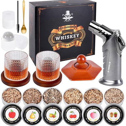 Whiskey Smoker Kit with Torch - 6 Flavors Wood Chips, 2 Rotatable Whiskey Glasses, 2 Ice Ball Molds - Cocktail Smoker Infuser Kit, Old Fashioned Smoker Kit, Birthday Gifts for Men, Dad(NO Butane)