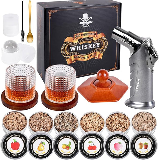 Whiskey Smoker Kit with Torch - 6 Flavors Wood Chips, 2 Rotatable Whiskey Glasses, 2 Ice Ball Molds - Cocktail Smoker Infuser Kit, Old Fashioned Smoker Kit, Birthday Gifts for Men, Dad(NO Butane)
