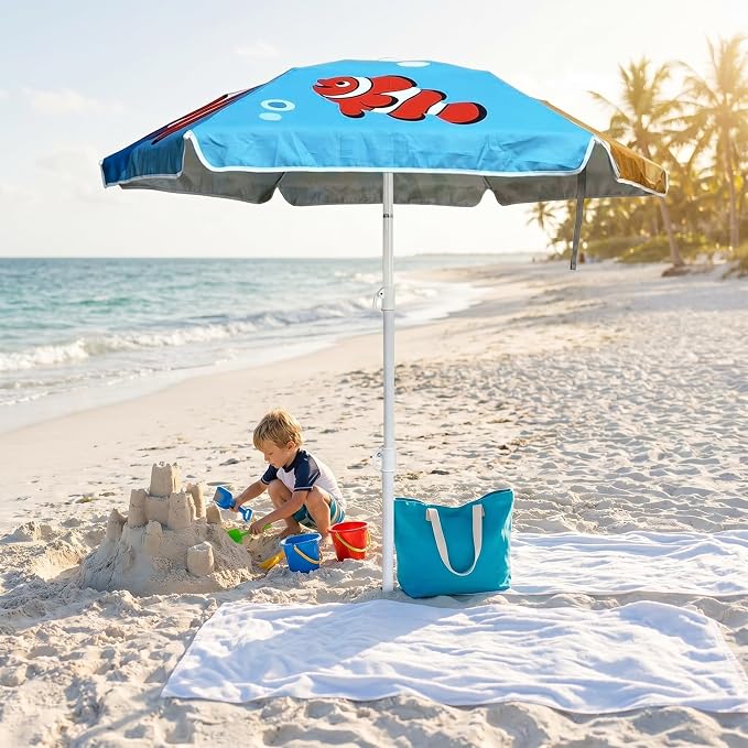 LOTTAFUN Kid 5ft Beach Umbrella Diameter 0.99-1.2 inches Pole UV 50+ Portable Sun Shade with Sand Anchor & Carry Bag, Outdoor Folding Umbrella for Beach,Pool,Patio,Garden (Fish) NO Tilt The sand needs to be over 5 inches above the bottom