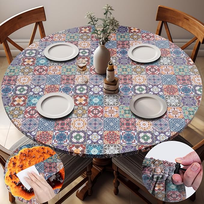 opstellen Fitted Vintage Round Tablecloth for 36-44" Tables Earthy Stain Resistant Vinyl Mantel Para Mesa Redonda Apartment Kitchen Organizers Camping Picnic List Women Men Cool Practical Gift Ideas