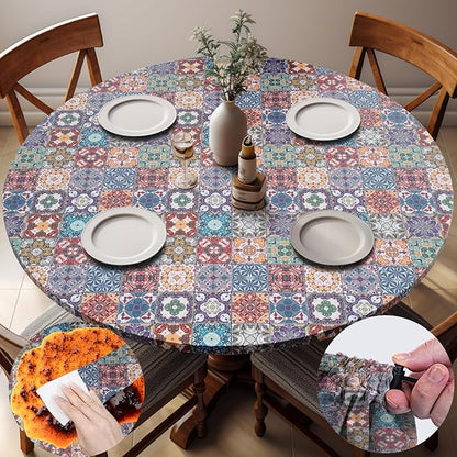 opstellen Fitted Vintage Round Tablecloth for 36-44" Tables Earthy Stain Resistant Vinyl Mantel Para Mesa Redonda Apartment Kitchen Organizers Camping Picnic List Women Men Cool Practical Gift Ideas