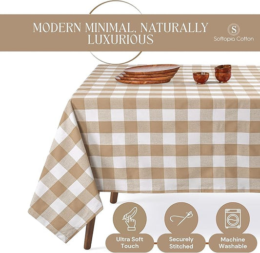 Beige and White Buffalo Check Tablecloth, 60x84 Inches, Plaid Table Cover, 100% Cotton, Washable, Reusable Farmhouse Table Linen for Holiday, Thanksgiving, Weddings, Everyday Dining