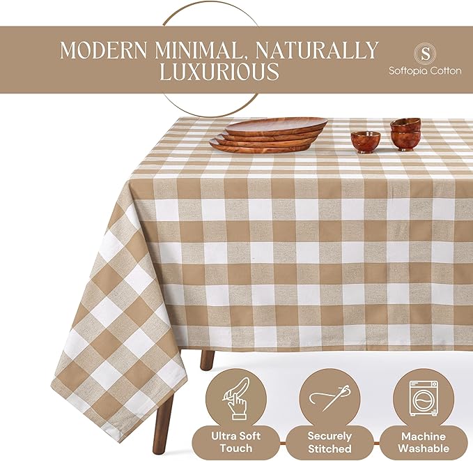 Beige and White Buffalo Check Tablecloth, 52x70 Inches, Plaid Table Cover, 100% Cotton, Washable, Reusable Farmhouse Table Linen for Holiday, Thanksgiving, Weddings, Everyday Dining