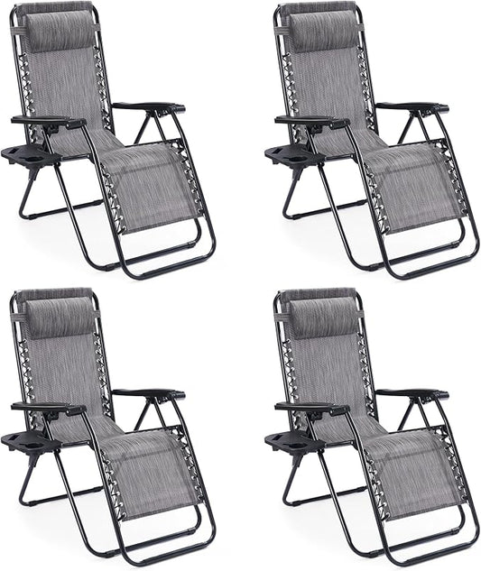 Zero Gravity Chair Set of 4, Adjustable Folding Reclining Lounge Chairs with Mesh Back, Adjustable Pillows & Cup Holder Trays, Outdoor Patio Lawn Chairs for Pool, Beach & Camping, Grey4P