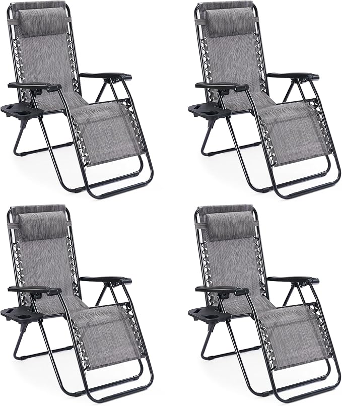 Sweetcrispy Zero Gravity Chairs, Set of 4 Portable Recliner Beach Camping Patio Outdoor Folding Lounge Chair with Cup Holder Trays and Adjustable Pillow for Poolside, Garden, Backyard, Lawn, Grey