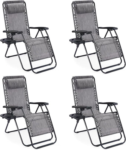 Sweetcrispy Zero Gravity Chairs, Set of 4 Portable Recliner Beach Camping Patio Outdoor Folding Lounge Chair with Cup Holder Trays and Adjustable Pillow for Poolside, Garden, Backyard, Lawn, Grey