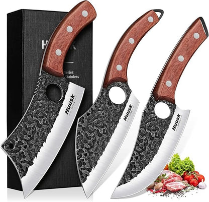 Huusk Butcher Knife Set of 3- Japanese Knife Set for Meat Cutting, Hand Forged Viking Knives Sets with Meat Cleaver, Heavy-Duty Kitchen Knives Sets for Bone BBQ Vegetable, Gift Idea for Men & Women