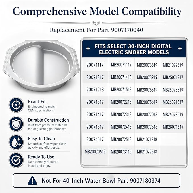 9007170040 Replacement Water Bowl for Masterbuilt 30‑inch Digital Electric Smoker Compatible with Models 20071117, 20071217, 20071218, 20071317, 20071417, 20071517, 20074517 Durable Smoker Accessory