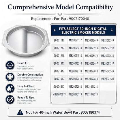9007170040 Replacement Water Bowl for Masterbuilt 30‑inch Digital Electric Smoker Compatible with Models 20071117, 20071217, 20071218, 20071317, 20071417, 20071517, 20074517 Durable Smoker Accessory