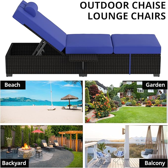 PeakPursuit Patio Lounge Chairs,Outdoor PE Wicker Chaise Lounge Set of 2,Chaise Lounge Chair Outdoor，Pool Furniture,Brown Rattan Recliners with Adjustable Backrest,Storage Table,Royal Blue