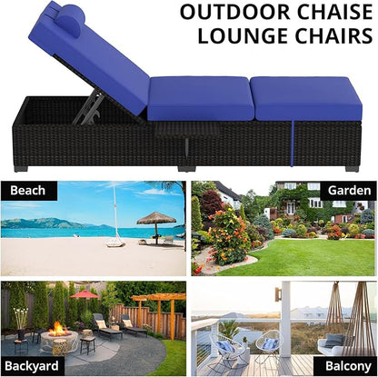PeakPursuit Patio Lounge Chairs,Outdoor PE Wicker Chaise Lounge Set of 2,Chaise Lounge Chair Outdoor，Pool Furniture,Brown Rattan Recliners with Adjustable Backrest,Storage Table,Royal Blue