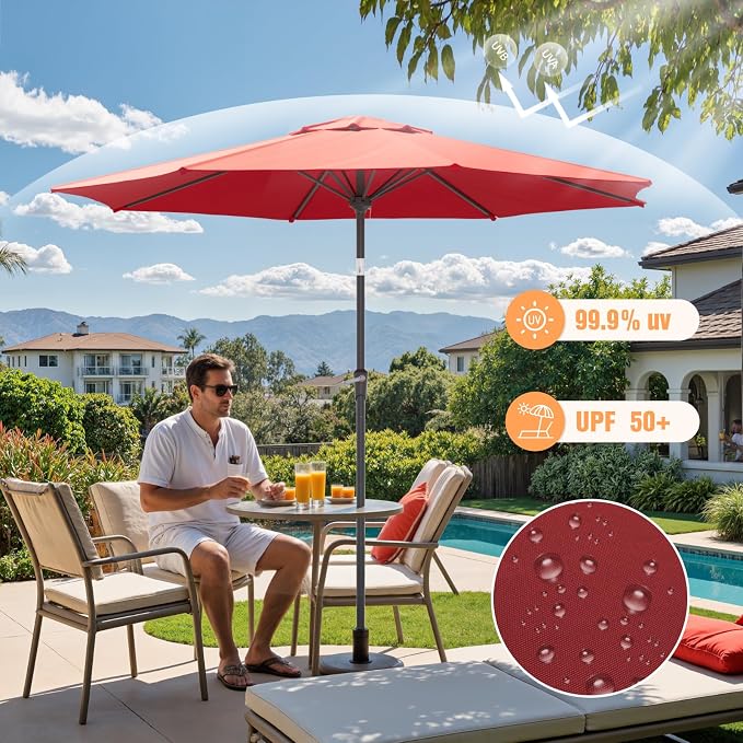 Outdoor Patio Umbrella, Table Umbrella with Push Button Tilt and Crank, 8 Ribs Market Umbrella