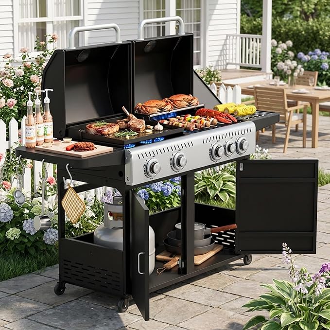 EROMMY Integrated design of baking tray and grill, Propane Grill with Side Burner, Porcelain-Enameled Cast Iron Grates, 646SQIN Large Cooking Area for Outdoor Patio Backyard Barbecue & Party Events