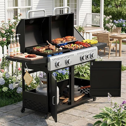 EROMMY Integrated design of baking tray and grill, Propane Grill with Side Burner, Porcelain-Enameled Cast Iron Grates, 646SQIN Large Cooking Area for Outdoor Patio Backyard Barbecue & Party Events