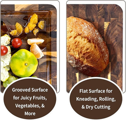 Utoplike Acacia Cutting Board 17 x 12 IN, Wood End Grain Chopping Board with Single-side Juice Groove and Handles, Reversible Butcher Block for Meat, Vegetables, 1.38"Th