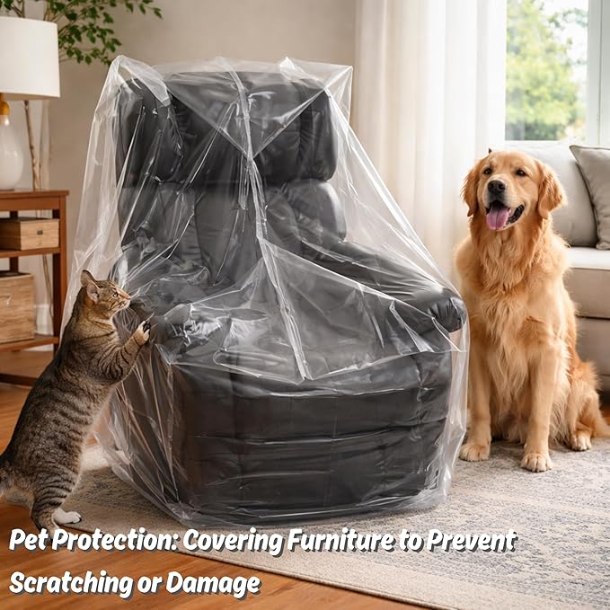 Wowfit 4mil Furniture Cover for Moving, Chair Storage Bag, 34Wx42.1Dx65/48H | With Tape Strips & Labels, Clear, Heavy Duty, Waterproof, Dustproof, Reusable, Recliner/Accent Chair, Patio/Garage, Pet Guard