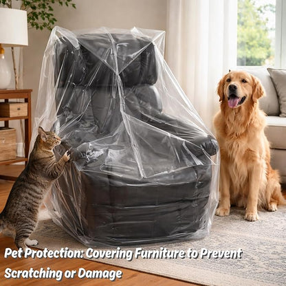 Wowfit 4mil Furniture Cover for Moving, Chair Storage Bag, 34Wx42.1Dx65/48H | With Tape Strips & Labels, Clear, Heavy Duty, Waterproof, Dustproof, Reusable, Recliner/Accent Chair, Patio/Garage, Pet Guard