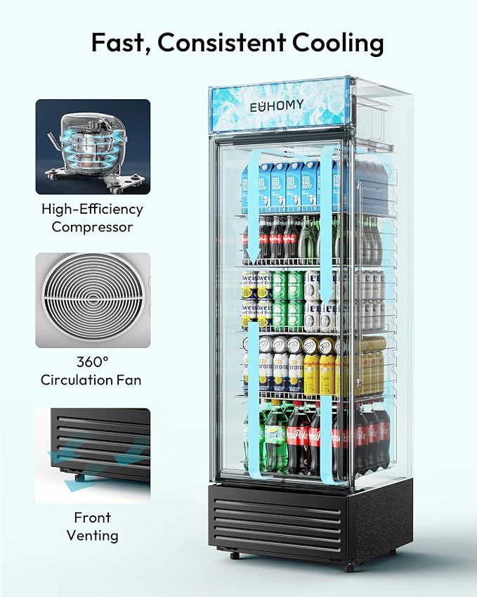 EUHOMY Commercial Refrigerator Glass Door, 12 Cu.Ft Commercial Beverage Refrigerator with Soft LED Light, Adjustable Shelves, Display Refrigerator for Restaurant Cafe Bar, ETL Listed