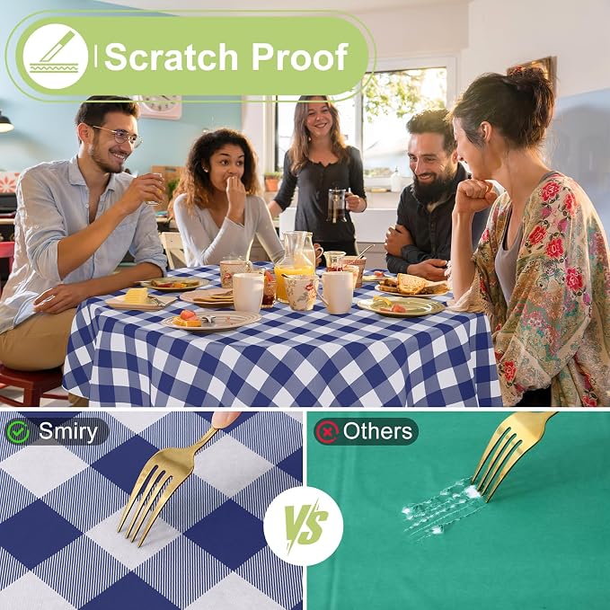 Smiry Oval Table Cloth, Vinyl Tablecloths with Flannel Backing, 60"x84" | Waterproof Picnic Table Cloth, Wipeable Buffalo Plaid Table Cover for Indoor and Outdoor (Navy & White)