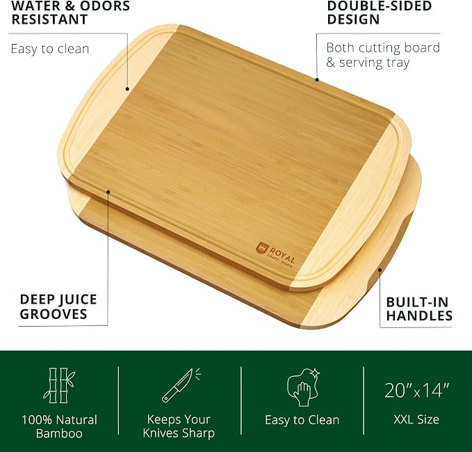 ROYAL CRAFT WOOD Bamboo Cutting Board with Juice Groove - Kitchen Chopping Board for Meat Cheese and Vegetables, Heavy Duty Serving Tray