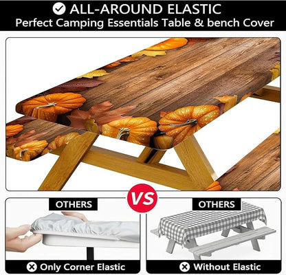 Picnic Table Cover with Bench Covers Elastic Edges, Outdoor Patio Camping Essentials 96 Inch 3PCS, Camper Fitted Table Cover, Waterproof Rectangle Tablecloth with Drawstring Bag,Pumpkin