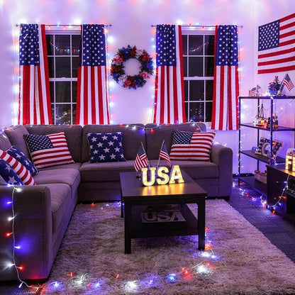 JMEXSUSS 33ft 100 LED Red White and Blue Lights Outdoor, Battery Operated | 4th of July Lights with Remote, 8 Modes Patriotic Decorations for Indoor Outside Independence Day American Flag Holiday