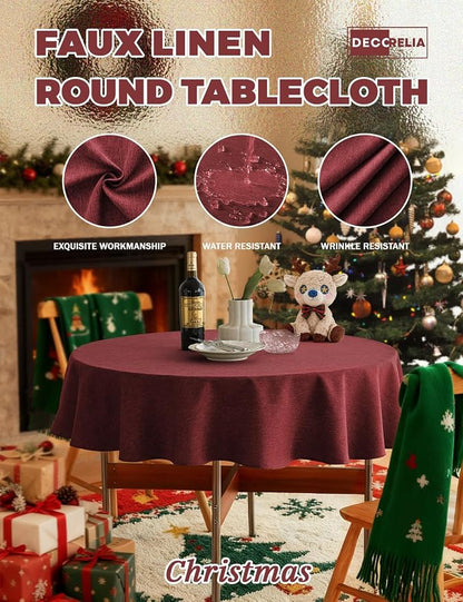 Decorelia Christmas Red Waterproof Round Table Cloth for Round,Decorative Farmhouse Tablecloths Table Cover for Holiday,Banquet,Dining& Kitchen (60 Inch,Round (2-4 Seats,Burgundy)