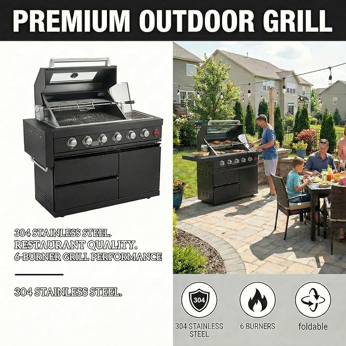 46" Outdoor Kitchen Island with Side Burner, 4-Burner 75,300 BTU Propane Gas BBQ Island with Rotisserie, Side Prep Shelf, Storage Drawers, LP/NG Convertible, for Backyard and Patio Cooking, Black